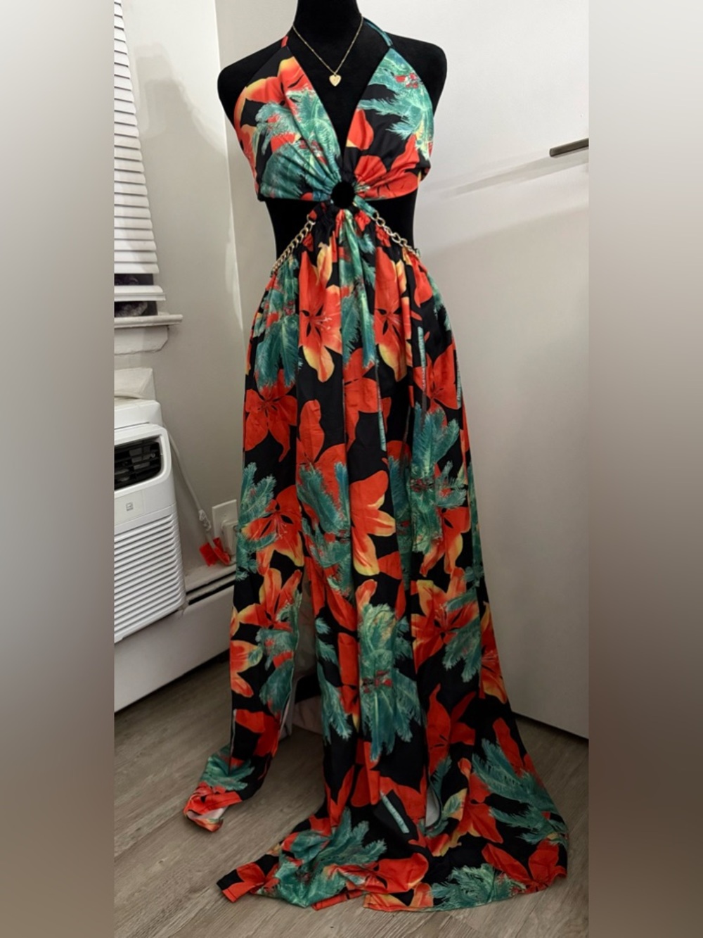 Bright Floral Print Deep V Halter Double Split Maxi Dress Large $55